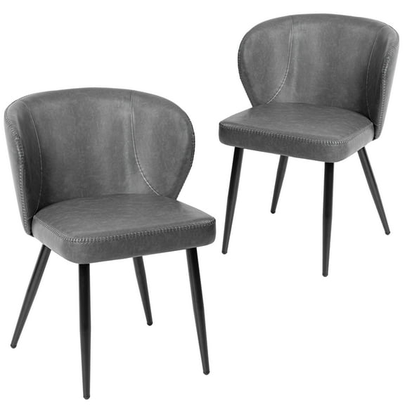 Mid Century Modern Dining Room Chair, Set of 2, Upholstered Kitchen Chairs with Faux Leather Cushion Seat and Metal Legs, Grey