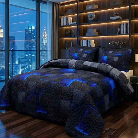 2/3PCS Geometric Plaid Bedspread Set,1 Quilt 1/2 Pillowcases,Breathable Lightweight All Season Applicable Double-sided Reversible Use(Blue,Twin)