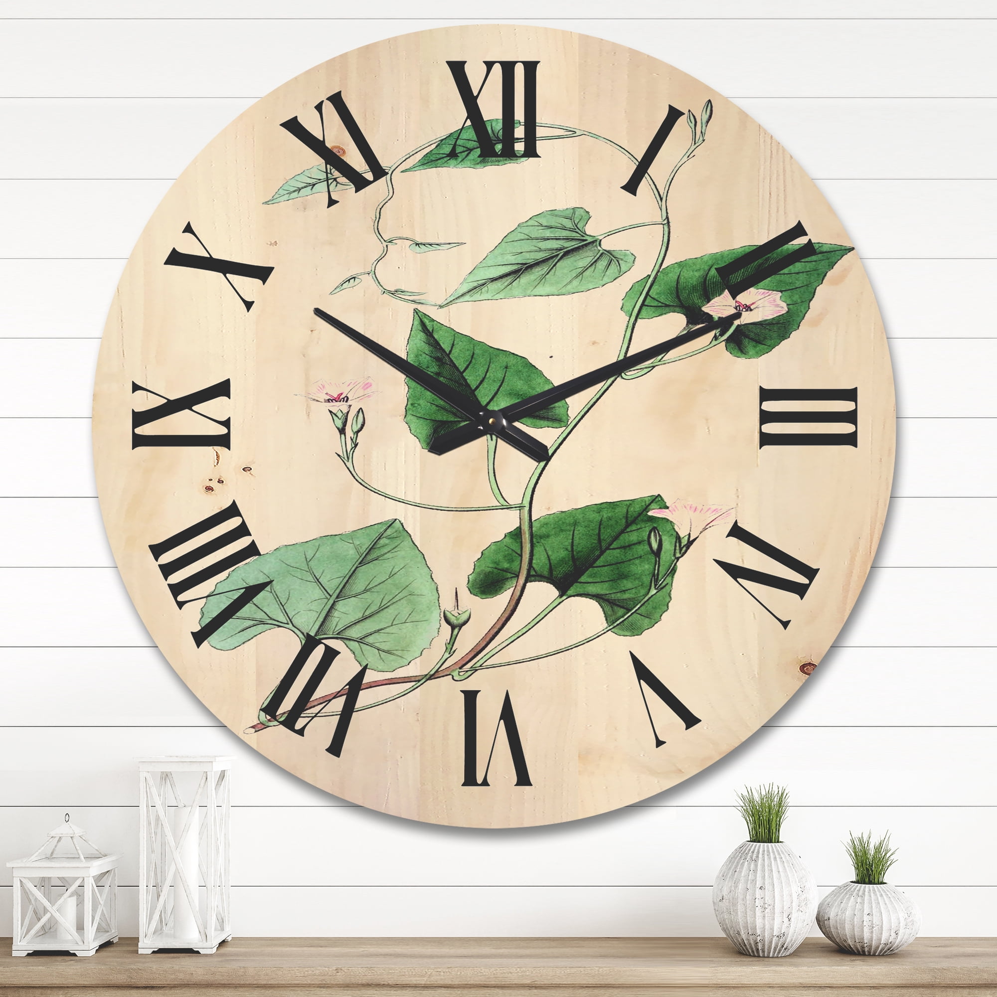 Designart 'Ancient Green Leaves Plants IX' Traditional Wood Wall Clock