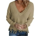 thumbnail image 2 of Oksale Women's Distressed Hem Sweaters Trendy Frayed Crop Sweater Casual Deep V Neck Cotton Jumpers Cozy Long Sleeve Top Sexy Elegant Fashion Tops Khaki XXL, 2 of 9