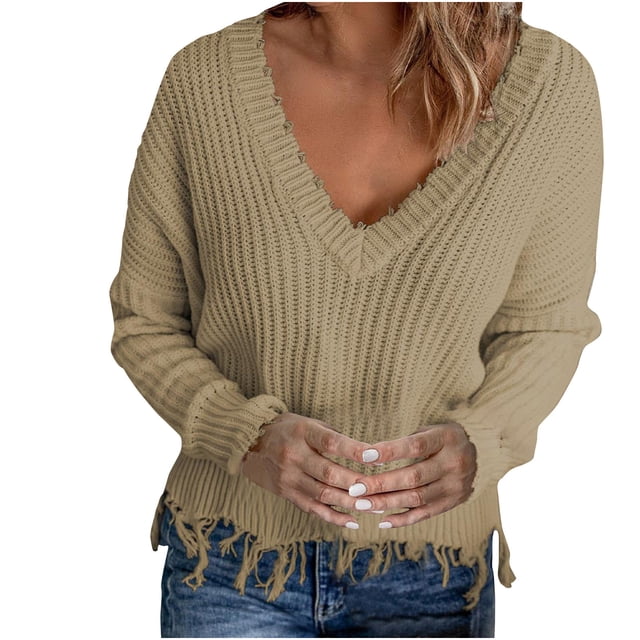 Mrat Pull Col Rond Femme Mode Décontractée Couleur Unie Manches Col en V Froncé Blouse Pull Hauts Pull Col Rond Femme S-294 Kaki L