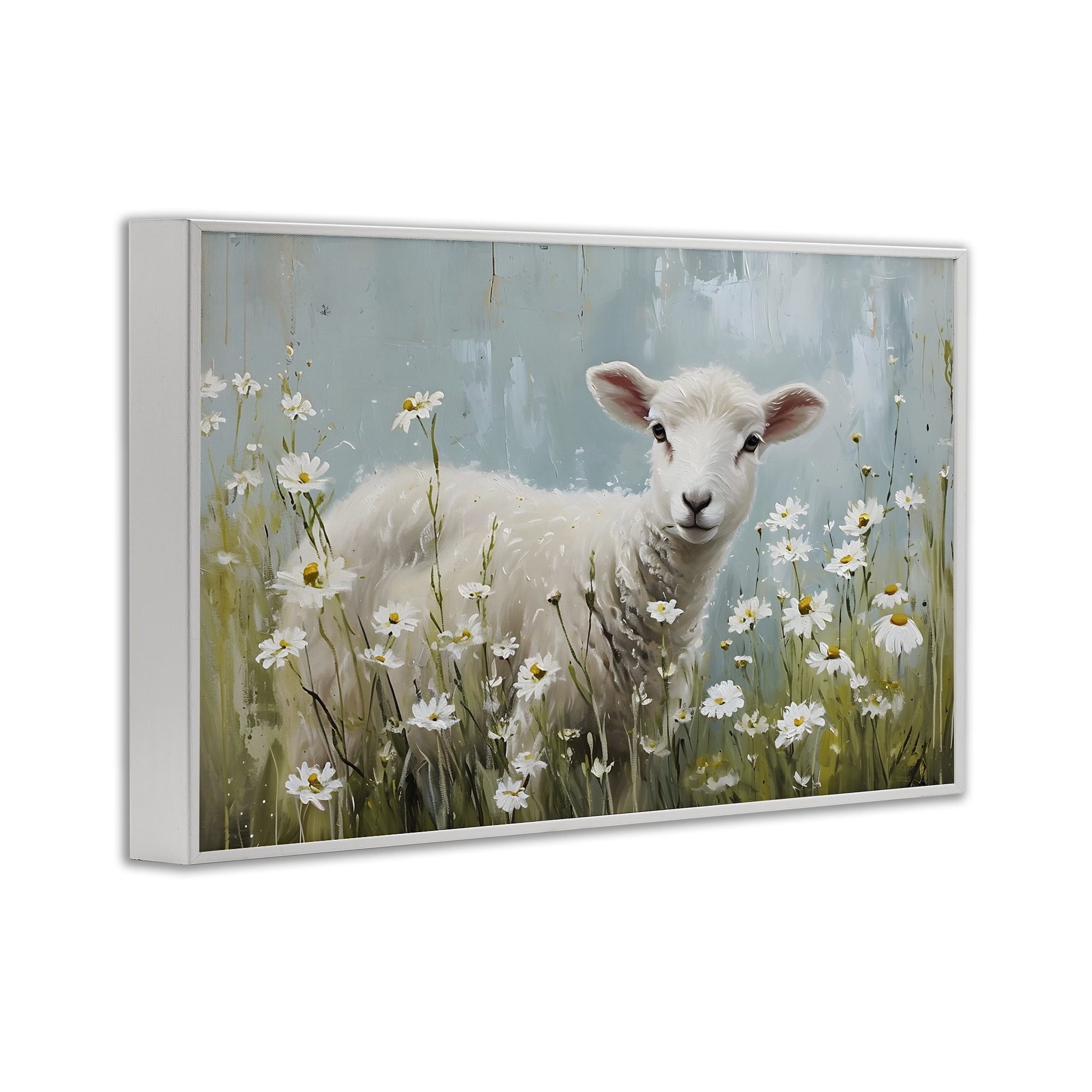 Stupell Industries Lamb Among Daisies Animals & Insects Painting White Framed Art Print Wall Art, 24 x 16