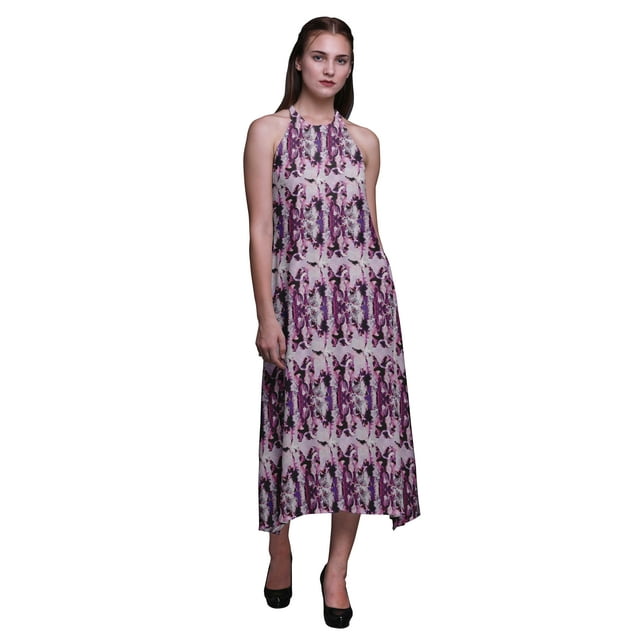 Bimba Robe Teinture sur Nœuds Décontractée Longue Dos Nu à Col Licou pour Femmes, Robe de Plage Imprimée - Grand