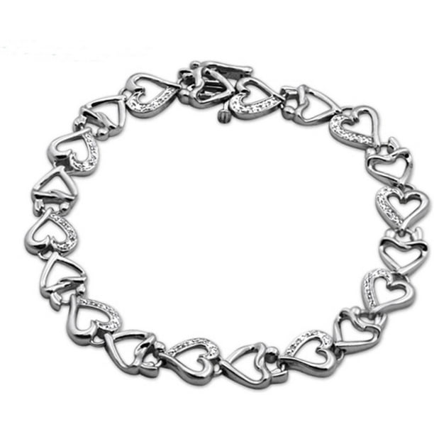 White Diamond Accent Sterling Silver Heart Link Bracelet