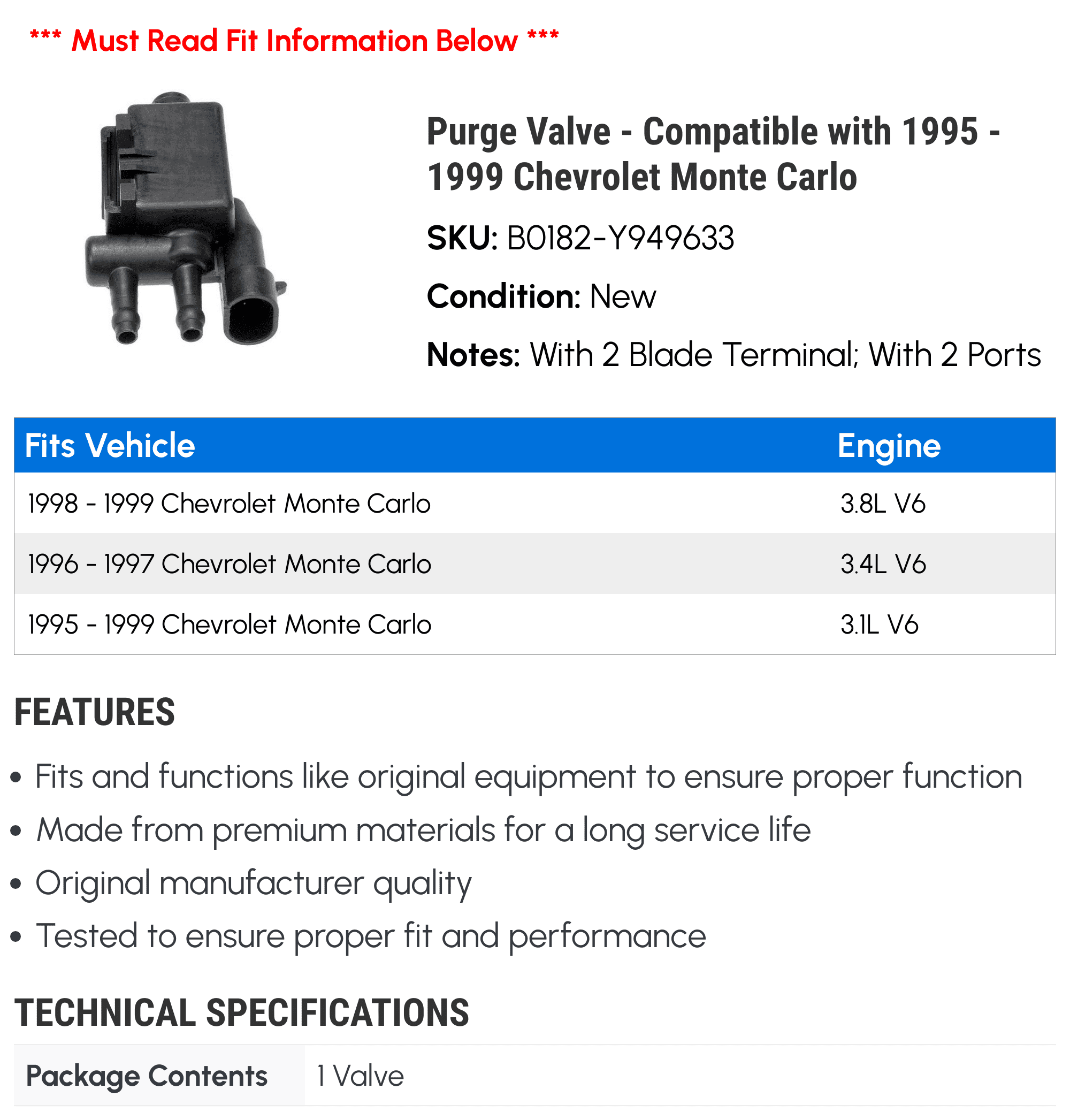 Purge Valve - Compatible with 1995 - 1999 Chevy Monte Carlo 1996 1997 1998