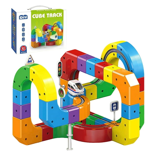 Magical Track Train, USB Rechargeable 3D Building Track, Cube Track and Signs, STEM Educational Toy for Ages 4-8 (81pcs)