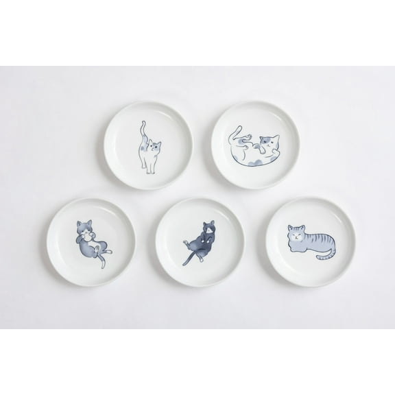 Manekineko-Ai Cute Cats plates,Japense dish Mino ware,Blue glaze,Sushi Soy source dish Set of 5