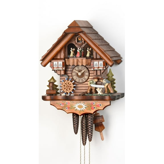 Cuckoo Clock Black Forest house with moving wood sawers and mill wheel
