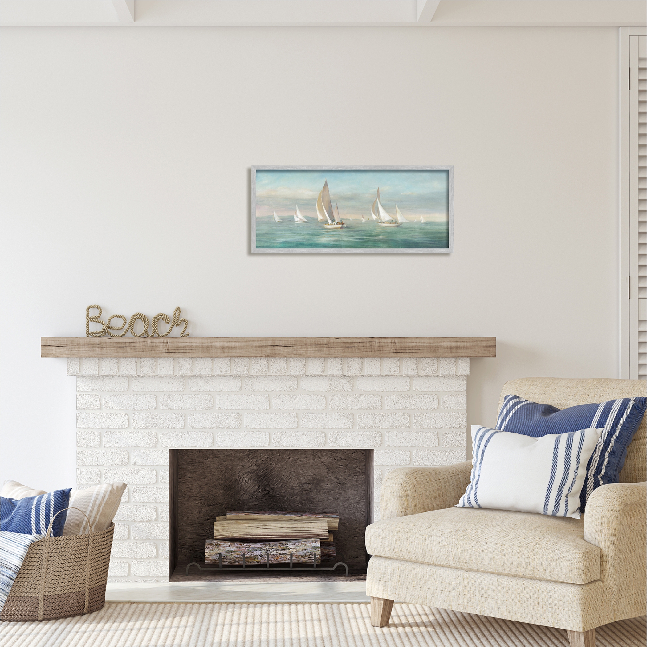 Stupell Industries Sailboat Fleet Ocean Waves Transportation Painting Gray Framed Art Print Wall Art, 30 x 13