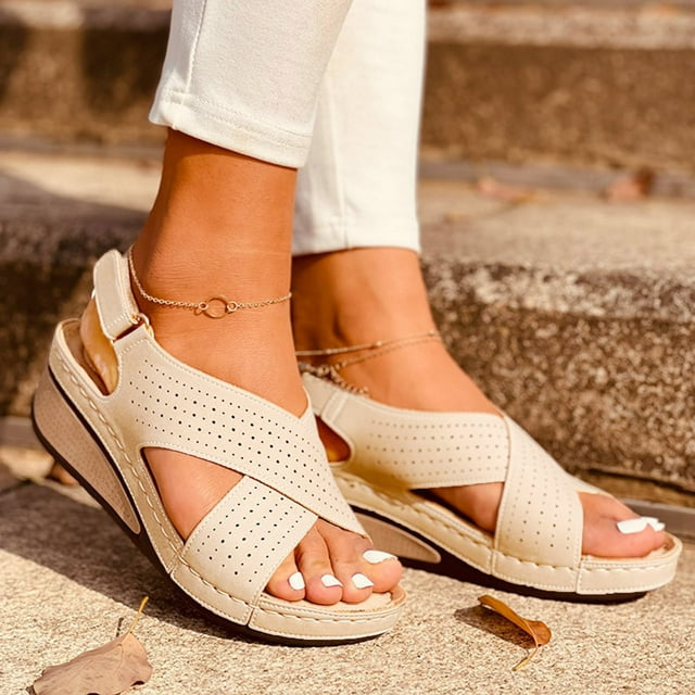 Latrodar Sandales Compensées pour Femmes, Sandales Confortables pour Femmes, Sandales de Randonnée Extensibles à Lacets, Chaussures à Enfiler, Talon Plat (O"-1) Sandales Solides pour Femmes Vacances