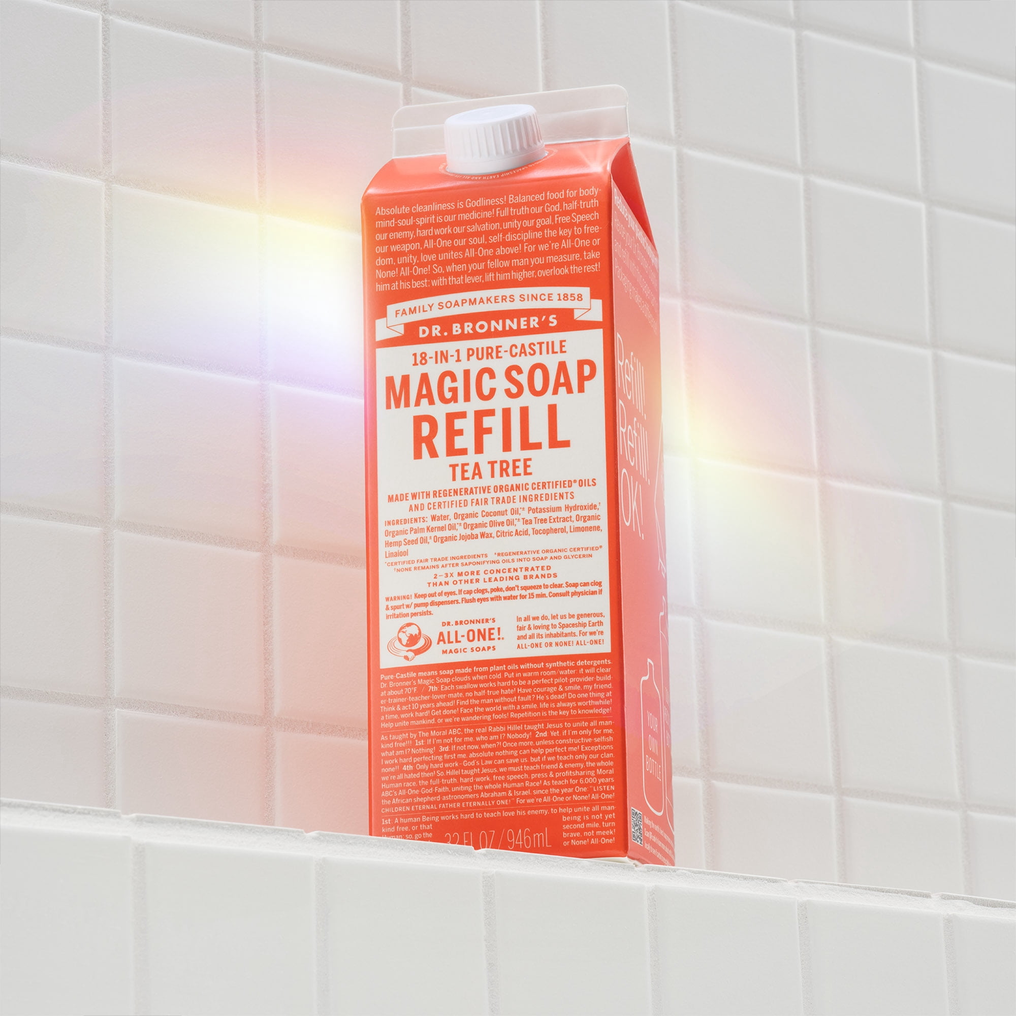 Dr.Bronner's Magic Soap Refill, Tea Tree, Pure-Castile Body Wash Liquid Soap, 32 fl oz