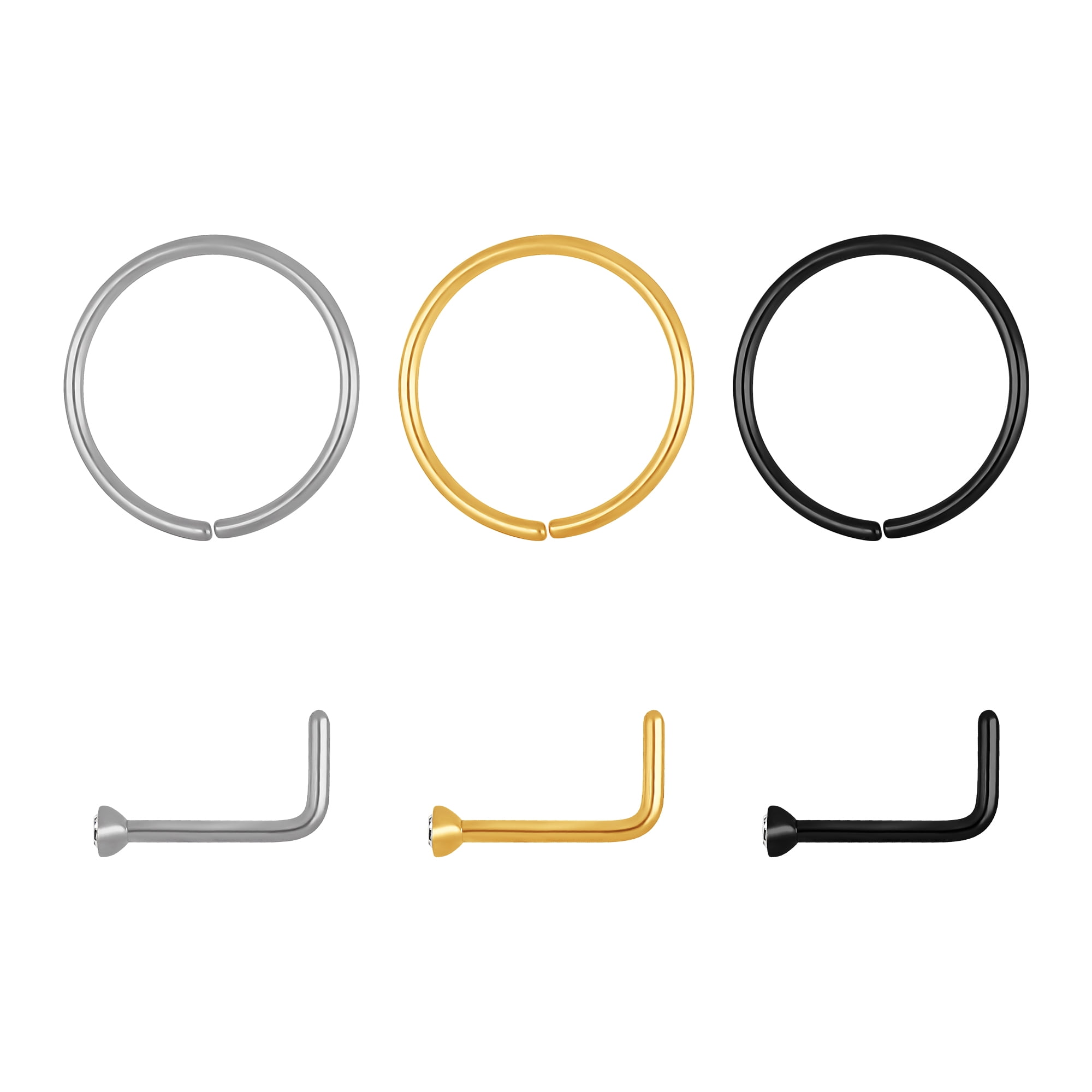 NoBoundaries Women's Silvertone Tri Tone Stud & Hoop Nose Ring Set, Stainless Steel, 6-Piece