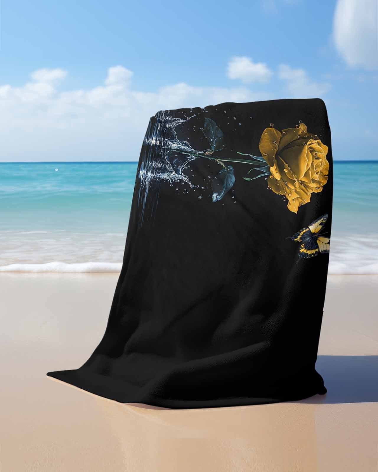 Yellow Roses Beach Towels Oversized Super Absorbent, Modern Art Splash Flowers Butterfly Lightweight Bath Towel Quick Dry Sets For Bathroom/Pool/Rv Camping/Beach Play/Gym Room/Picnic 30"x60"