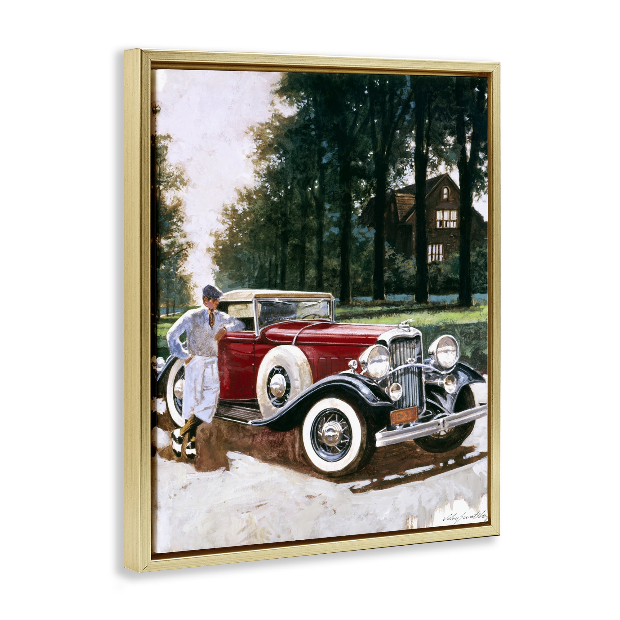 Retro Convertible Coupe & Driver Gold Framed Floater Canvas Wall Art, design by Wind River Studios