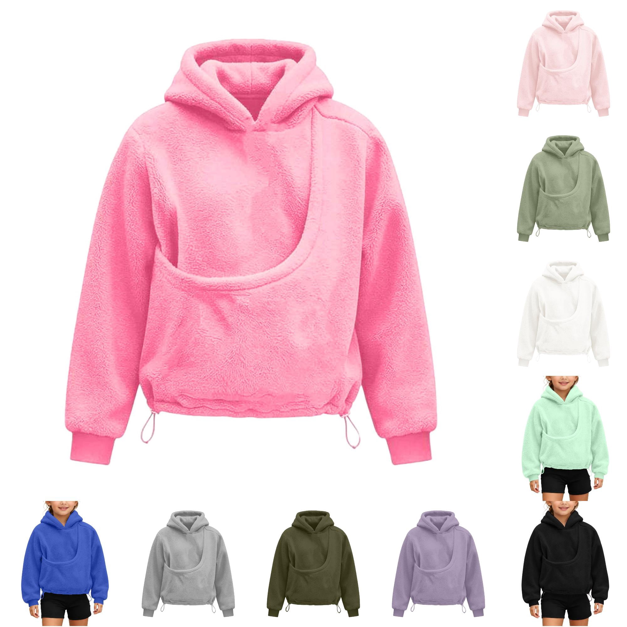Rggeeun Girls Sweatshirt Cute Pet Pouch Hoodie Long Sleeve Tops Cat Carrier Hoodie Warm Pullover with Hem Drawstring Party Night Pink 11-12 Years