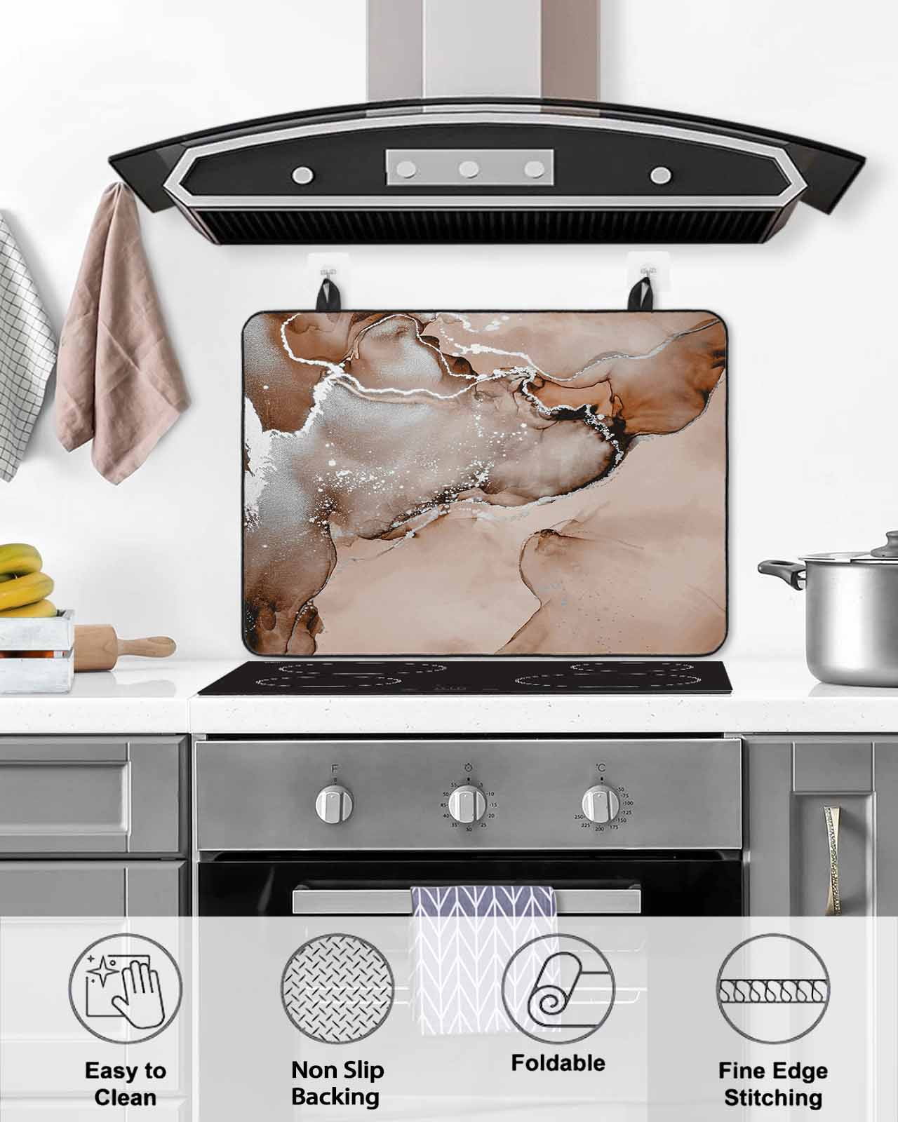 nqOlkjepod Large Induction Cooktop Protector Mat 31"x24", Marble Brown Stove Top Covers for Electric Stove, Modern Abstract Ink Painting Luxury Stove Burner Cover Mats, Glass Top Stove Cover