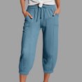 thumbnail image 2 of Mnuaqn Linen Capri Pants for Women High Waisted Wide Leg Cropped Pants Summer Casual Elastic Waist Yoga Capris with Pockets (Light Blue, XXL), 2 of 5