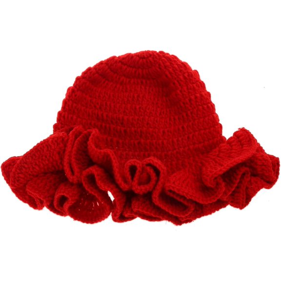 Handmade Crochet Bucket Hat Ruffled Brim Knit Fisherman Hat Windproof Winter Outdoor for Women Red