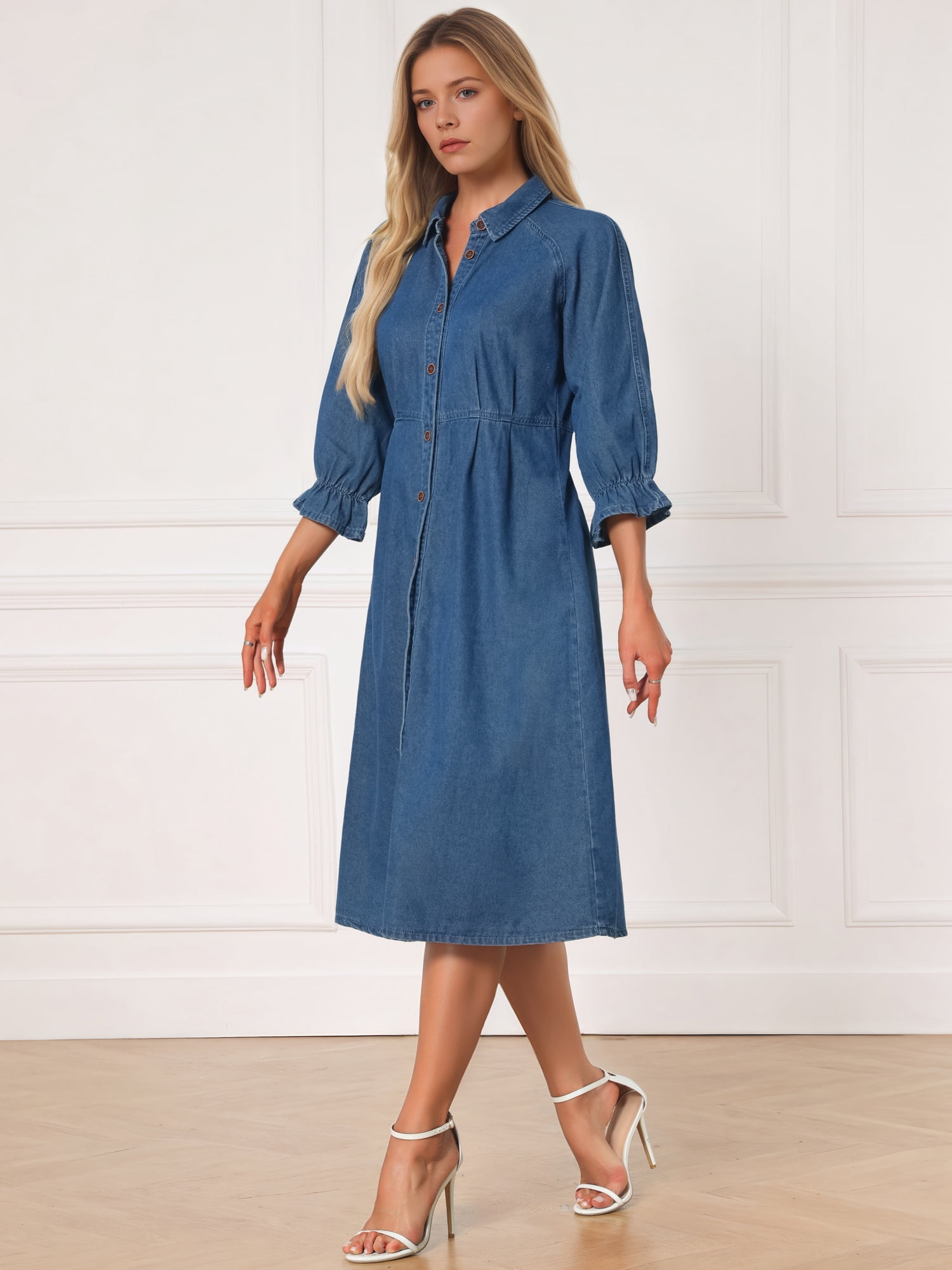 DARING DIVA Women's Collared Ruffle 3/4 Sleeve Jean Button Down Shirt Dress M Gray Blue