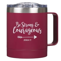 Be Strong & Courageous Stainless Steel Magenta Mug w/Joshua 1:9 - Camp Style Travel Mug, Christian Mug for Women or Men (11oz Double Wall Vacuum Insulated Coffee Mug with Lid and Handle)