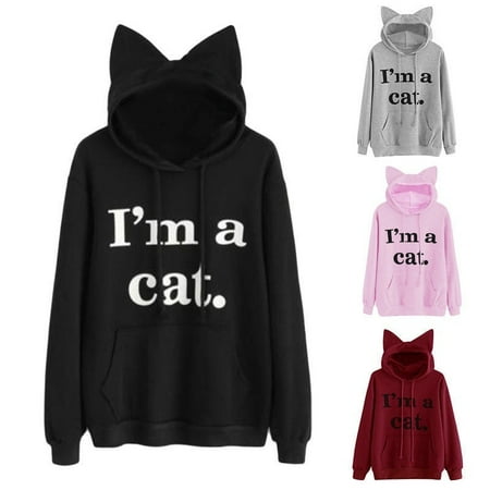 Fashion Ladies Girls I'm a Cat Letter Print Long Sleeve Kangaroo Pockets Hoodie Cute Cat Ear Pullover Sweatshirts
