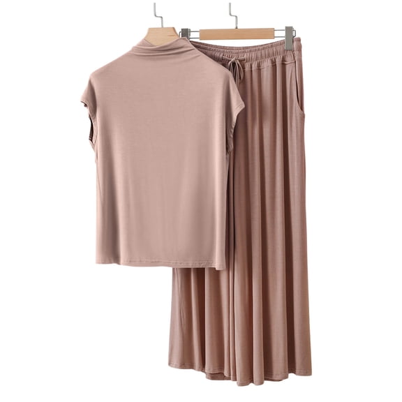 Womens Loungewear Sets New Women's 2 Piece Pajamas Sets, Short Sleeve Soft Mock Neck Tops Matching Wide Leg Pants Summer Lounge Outfits Coffee XXL