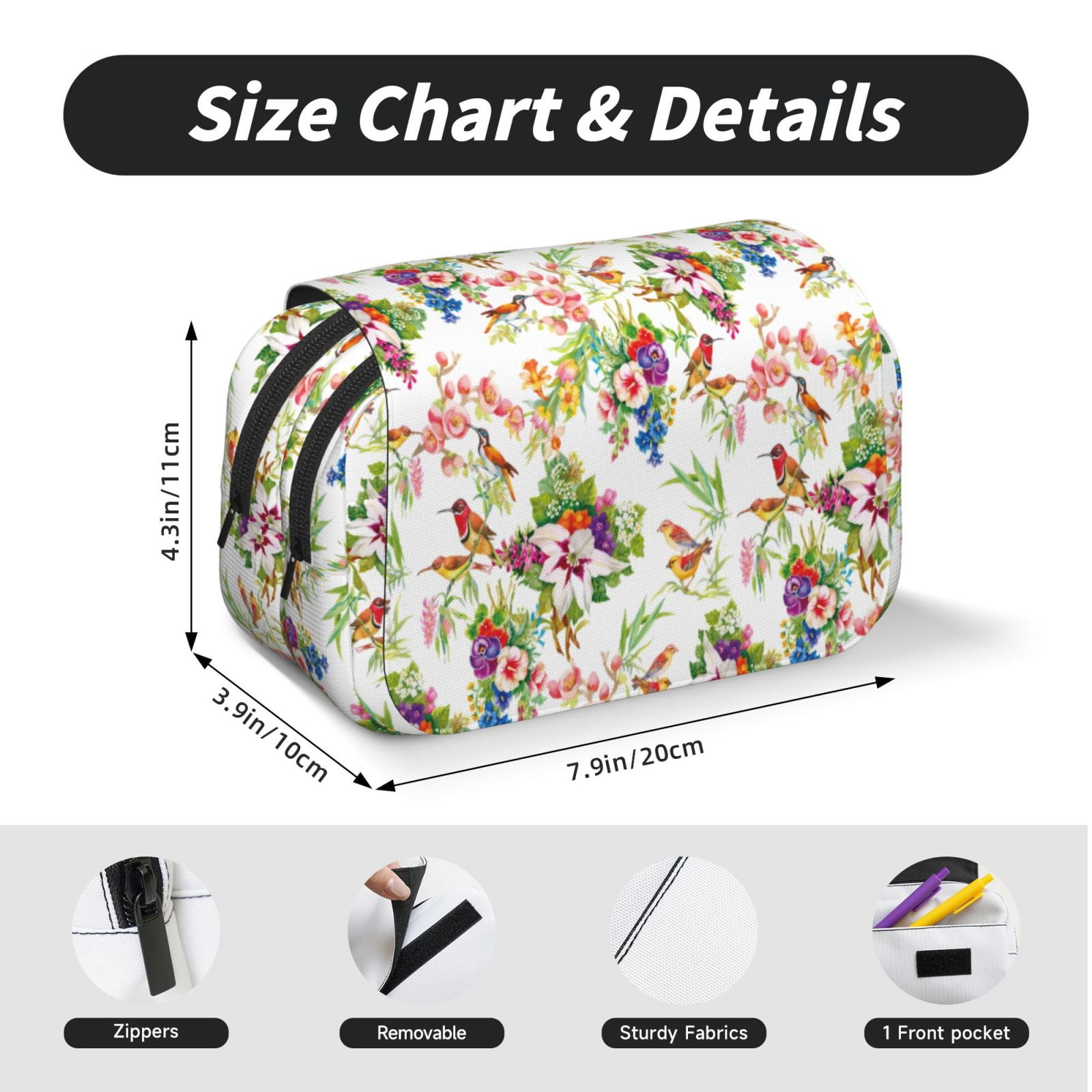Rateoe Birds And Flowers Pattern Double Clamshell Pen Case, Storage Organizer with Two Zipper Compartments– Holds Up to 50 Pencils & Pens