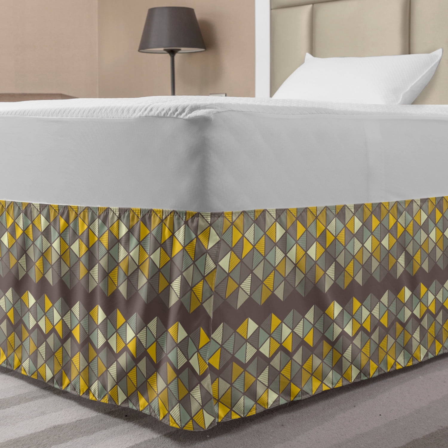 Neutral Color Bed Skirt, Geometric Hexagonal Shapes Triangles Inner