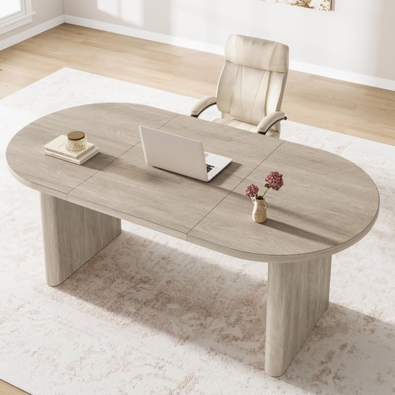 Senfot 70.9" Oval Dining Table for 6-8 People, Durable Kitchen Table with Wooden Base, Stylish Gray Finish for Any Decor