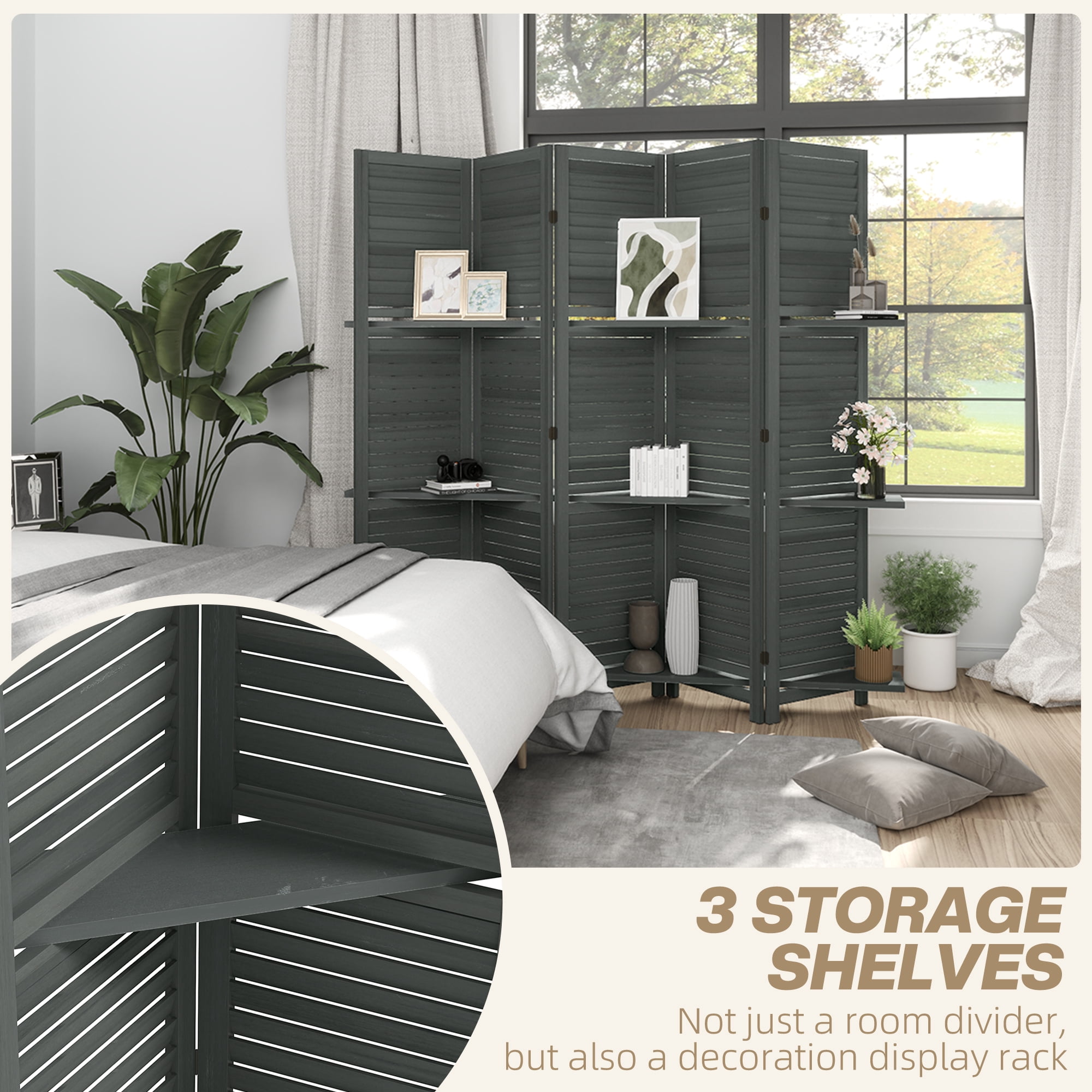 HOMCOM 5 Panel 67" Tall Wood Privacy Screen Room Divider with 3 Display Shelves, and Folding Storage for Bedroom or Home Office, Gray