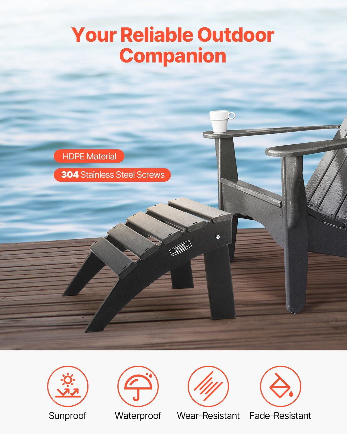 Weather-Resistant Adirondack Ottoman, 18.7L x 19.7Wx 13" H Inch Plastic Folding Foot Rest, Ideal for Pool Lawn Porch with Adirondack Chair