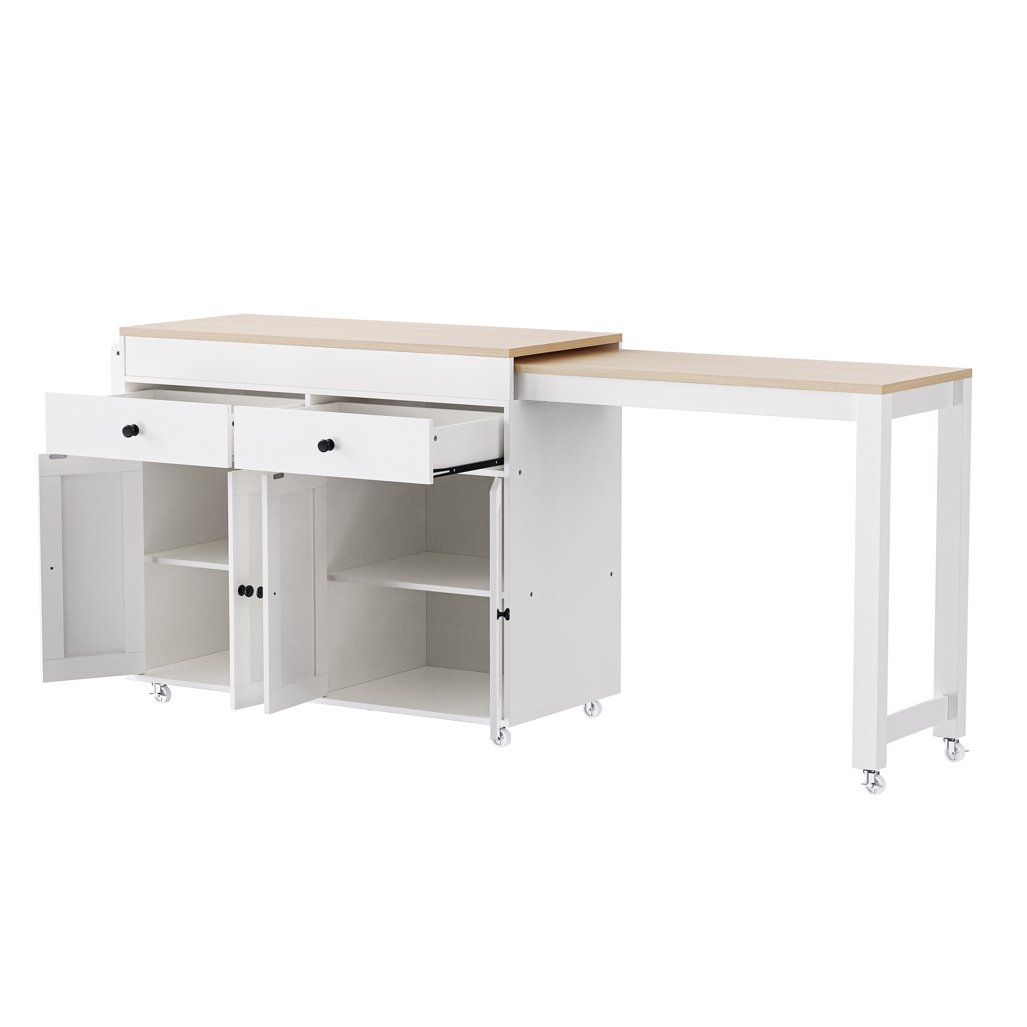 Alvantor 74.5" Kitchen Island with Extendable Dining Table, 2 Drawers, 4 Doors, Off White