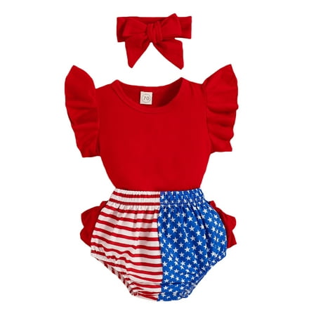 

Newborn Baby Girl 4th of July Outfits Ruffle Sleeve T-Shirt+Printed Shorts+Hairband 3Pcs Summer Clothes