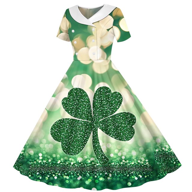 MKOSPLRT Robe Trèfle pour Fille Manches Courtes Vintage Robe Longueur Genou Robe de Fête de la Saint-Patrick Robe de Bal
