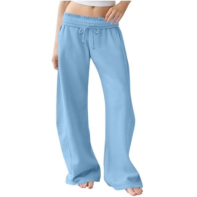 Women's Low Rise Y2K Wide Leg Sweatpants Cotton-Polyester Baggy Drawstring Joggers with Pockets for Fall Winter Daily Gym,Light Blue,XXXL