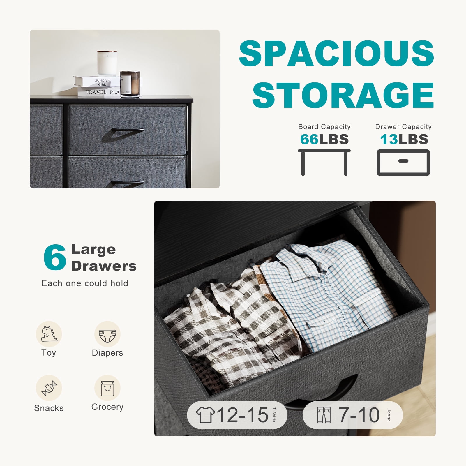 Aidoly Metal Frame Dresser with Wood Top, 6-Drawer Storage Organizer for Bedroom, Living Room, Hallway, Entryway, Grey