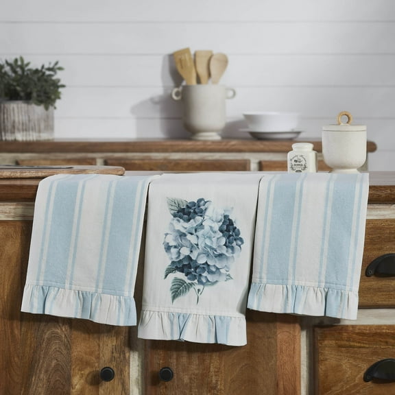 VHC Brands Kitchen Linens, Floral Tea Towel, Finders Keepers Collection, Spring Dish Towel Set of 3-28x19, Blue White Stripe Hydrangea