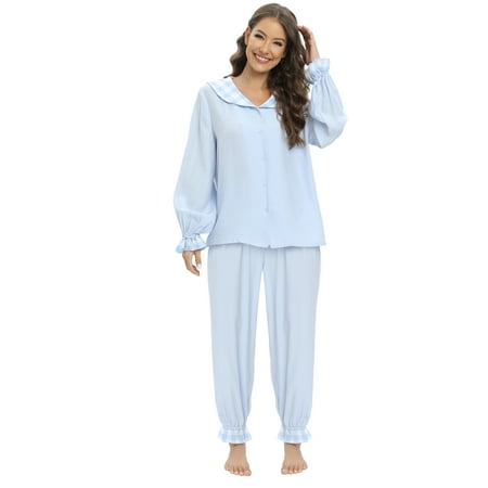 

Xmarks Pajamas Set Long Sleeve Sleepwear Womens Button Down Nightwear Soft Pj Loungewear Sets Blue L