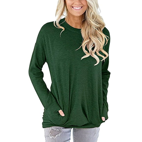 Women's Casual Crewneck Sweatshirt Solid Color Long Sleeve Shirts Loose Fit Pullover Tops Basic Tee Tops Soft Comfy Blouse Tunic Shirts with Pockets