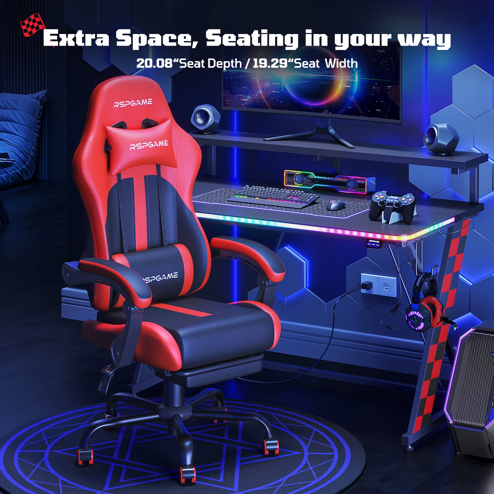 RSPGame Gaming Chair for Adults, PU Leather Office Chair with Lumbar Support and Retractable Footrest, Red Racing
