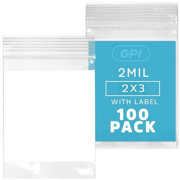 GPI 2” x 3” Heavy Duty Ziplock Bag 2 Mil Clear Resealable Bags with Write-On Block for Labels,100-Pack