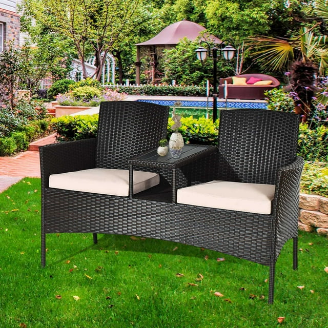 Costway Ensemble de Conversation en Rotin pour Patio Breveté Causeuse Sofa Table Chaises Conversation Coussiné