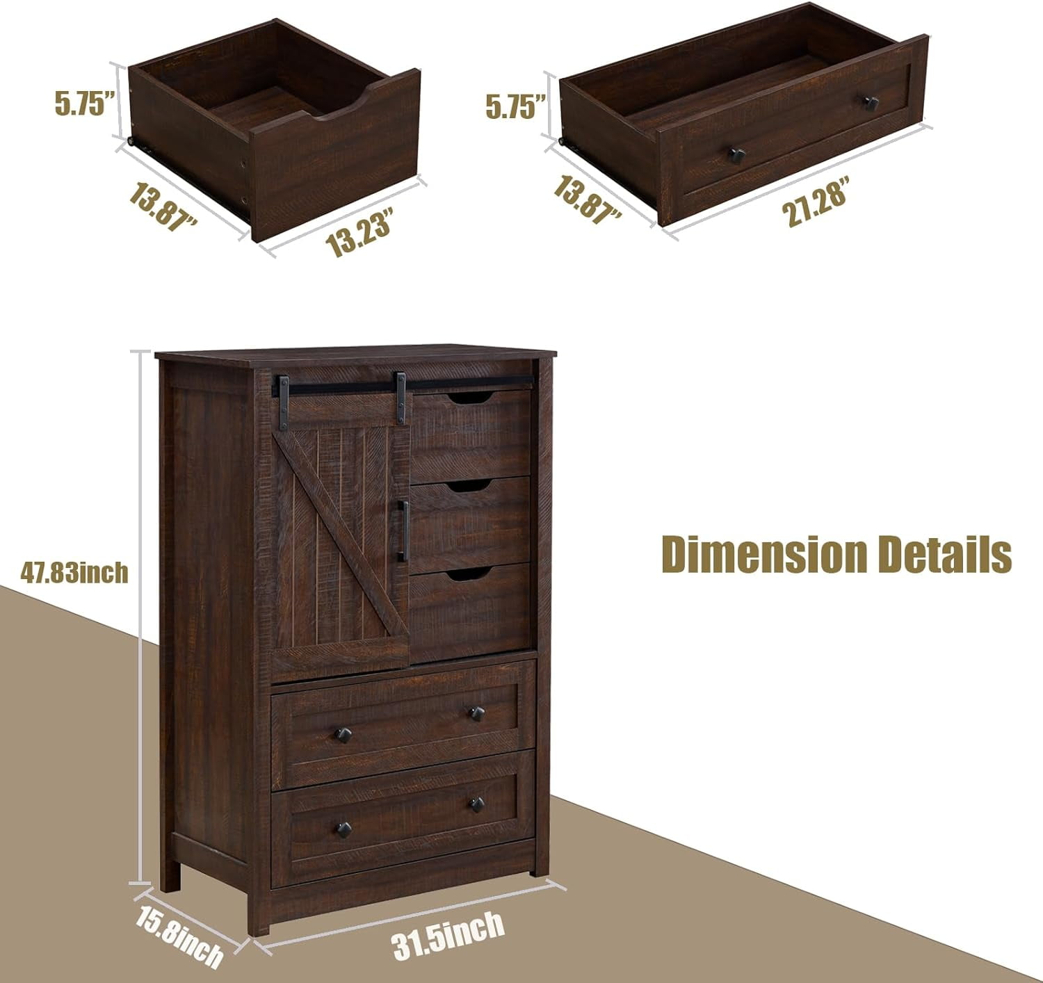 BOSHIRO 5-Drawer Sliding Barn Door Dresser, Espresso Brown Finish, Farmhouse Tall Chest for Bedroom and Living Room