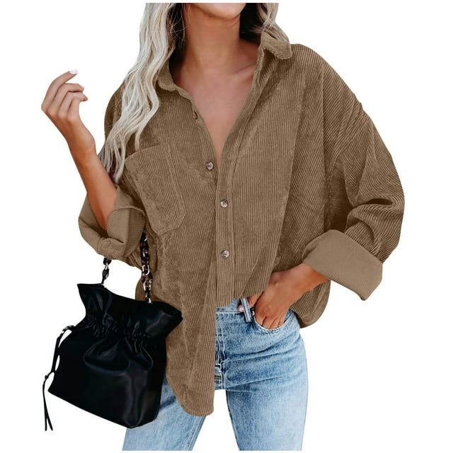 FAIWAD Womens Corduroy Shirts Long Sleeve Collared Button Down Blouses Oversized Casual Shackets