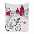 thumbnail image 1 of Prague Soft Flannel Fleece Blanket, Romantic Style Composition with Girl on a Bicycle Hand Drawn Arrangement, Cozy Plush for Indoor and Outdoor Use, 70" x 90", Magenta Grey and White, by Ambesonne, 1 of 6