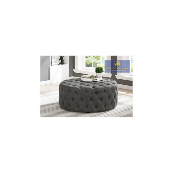 Best Master Furniture Anderson 40" Round Linen Fabric Ottoman in Gray