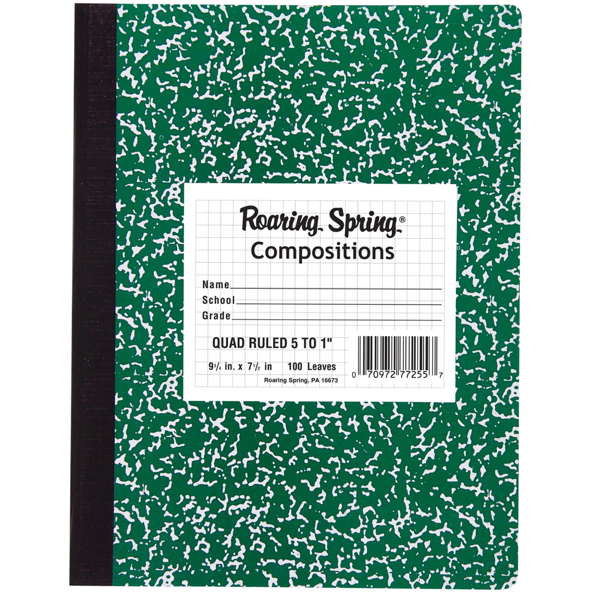 Roaring Spring Graph Ruled Hard Cover Composition Book, 1 Case (24 Total), 9.75" x 7.5" 100 Sheets, Green Marble Cover