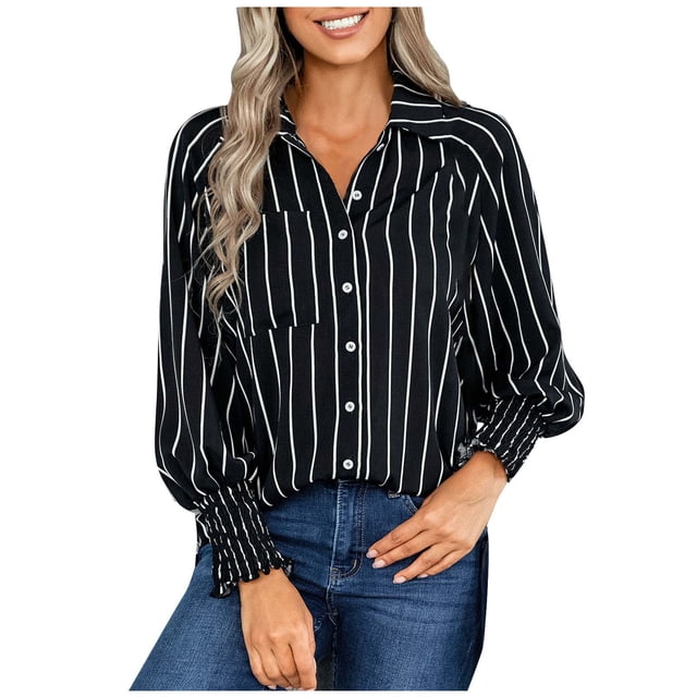 Camisas Para Mujer de Gran Tamaño de Moda Con Cuello Vuelto de Ocio de Manga Larga Con Estampado de Rayas Odeerbi ODB132963