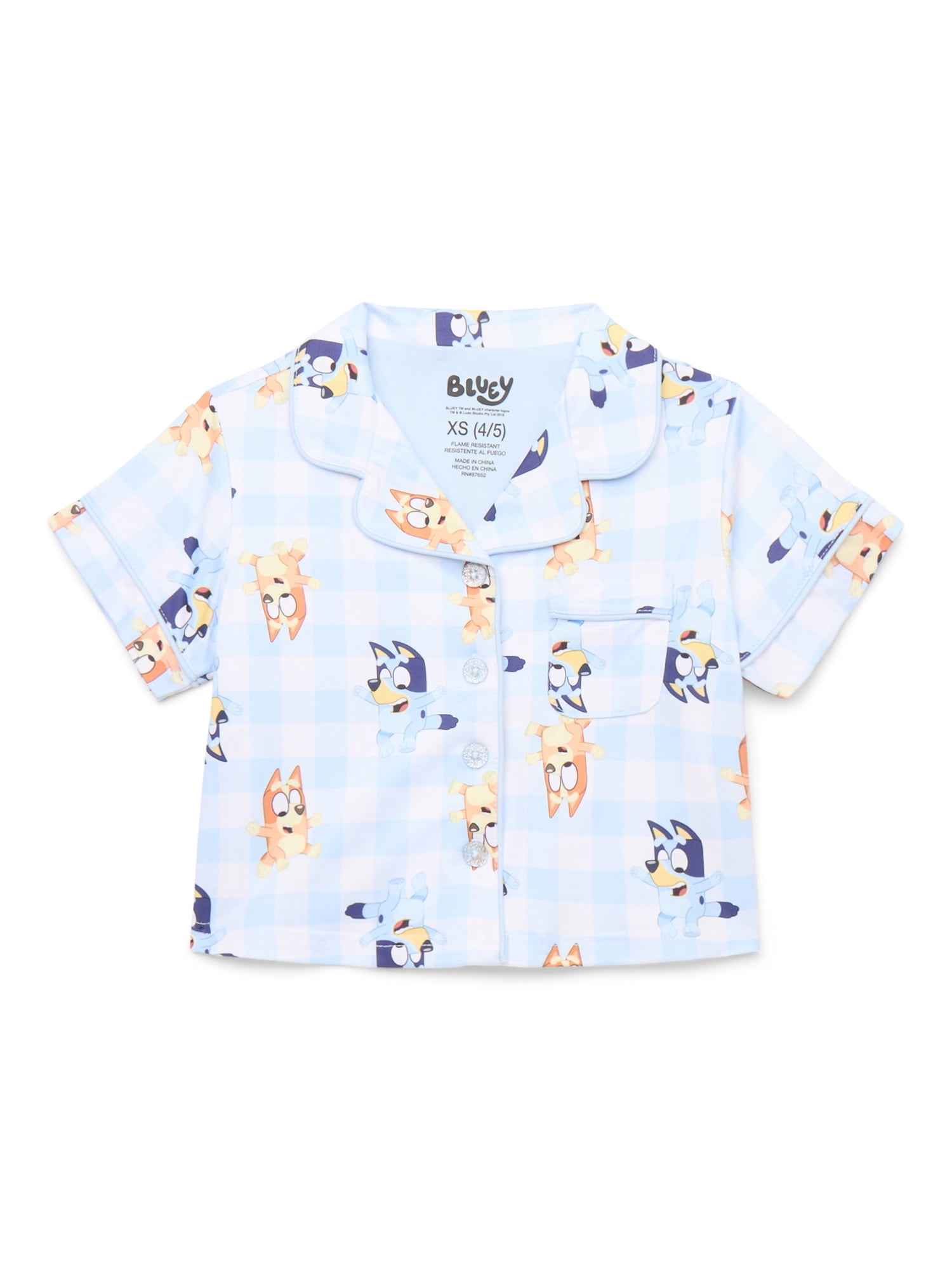 Bluey Girls Short Sleeve Button Down Top with Shorts, 2-Piece Pajama Set, Sizes 4-12