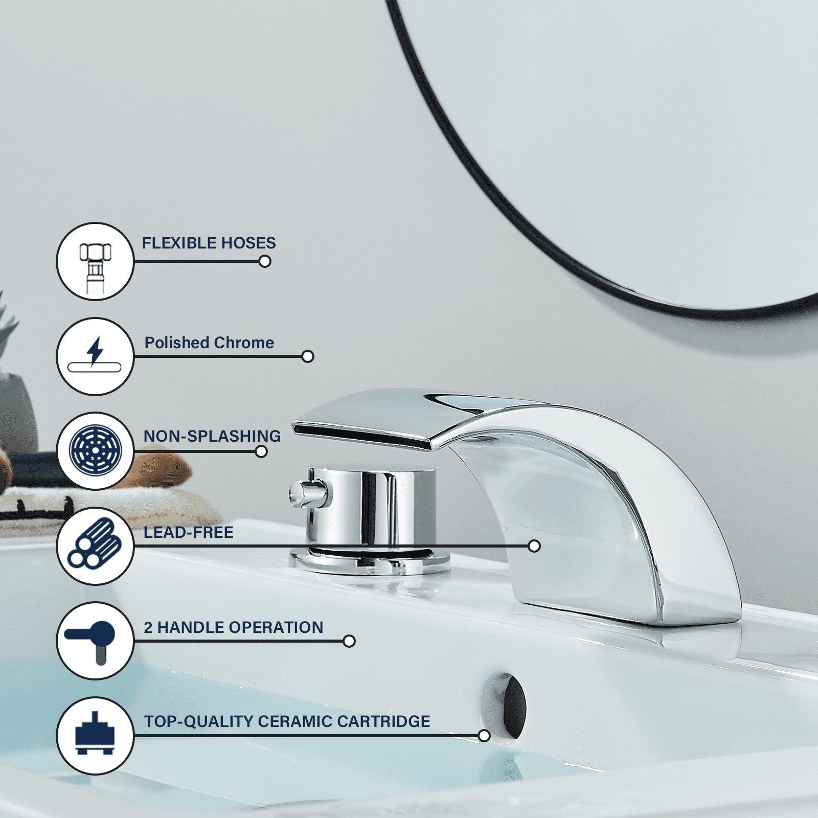 Zovajonia Bathroom Faucet 3 Hole Vanity Basin, 8 Inch High LED Arc Polished Chrome Sink Faucet Mixer Bronze Bath Faucets,Widespread bathroom faucets for sink 3 hole Waterfall Tub Faucet
